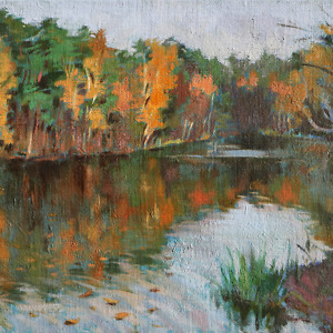 Landscape painting of a lake in autumn