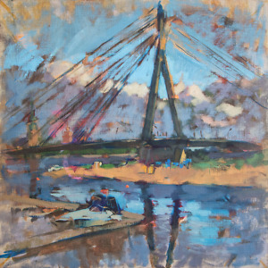 Cityscape painting of a cable-stayed bridge in light blue colors