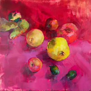 Still life painting with fruit on bright crimson and magenta background