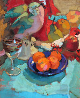 Bright still life painting with a parrot figurine, a wineglass, mandarins and apples on turquoise and red draperies