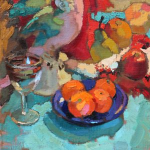 Bright still life painting with a parrot figurine, a wineglass, mandarins and apples on turquoise and red draperies