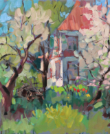 Blossoming apple trees and a house behind them, painted with oil