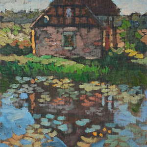 Landscape painting of a countryside house and it’s reflection in the pond in the evening light