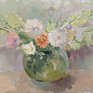 Flowers in a glass vase, painted in light green and beige colors