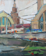 Landscape painting of Riga Central Market in muted tones