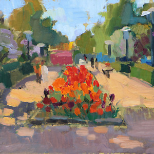 Landscape painting of a park with a flowerbed of tulips and people walking