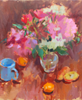 Peonies in a glass vase, blue mug and peaches, painted with oil