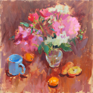 Peonies in a glass vase, blue mug and peaches, painted with oil