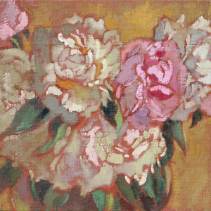 Peonies on yellow background, painted with oil