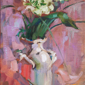 White buttercup flowers in a light vase on pink background, painted with oil on canvas