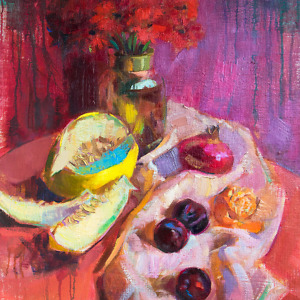 Still life painting of flowers, a melon, a pomegranate and plums, in bright pink, purple and red tones