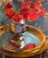 Bright red flowers on a mirror table, painted with oil