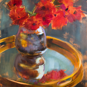 Bright red flowers on a mirror table, painted with oil