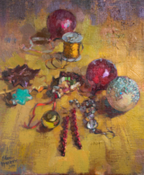 Still life painting with Christmas tree decorations and a golden-yellow background