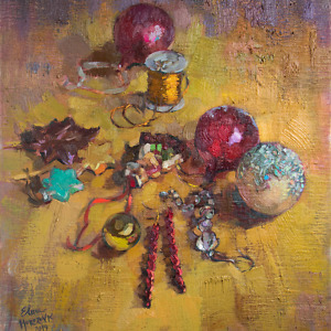 Still life painting with Christmas tree decorations and a golden-yellow background