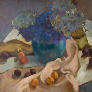 Still life painting with a vase of cornflowers and daisies, apricots, plums, and colorful draperies