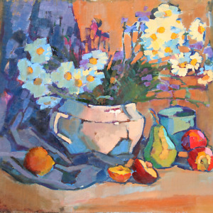 Still life painting of daisies in a vase, a pear, peaches and a blue drapery on warm toned background