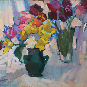 Yellow and pink tulips painted on a white background with light blue shadows