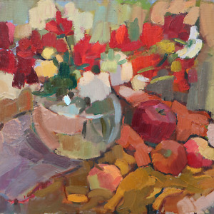 Warm-toned still life painting with flowers and fruit