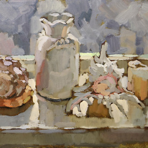 Still life painting in shades of white with seashells, candles and a vase