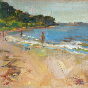 Landscape painting of a beach with people