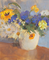 Bouquet of summer flowers on a silvery-grey background, painted with oil on canvas