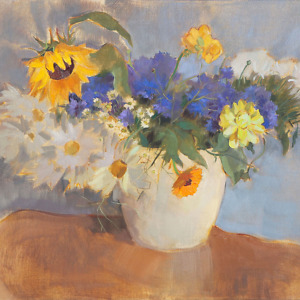 Bouquet of summer flowers on a silvery-grey background, painted with oil on canvas