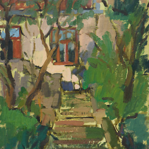 Landscape painting depicting a front porch of a house and greenery around it