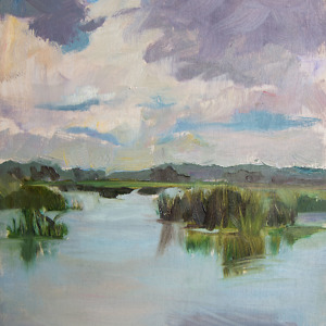 Landscape painting of a lake and clouds in light blue and purple tones