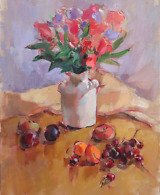 Still life painting with a vase of sweet pea flowers, fruit and cherries in pastel colors