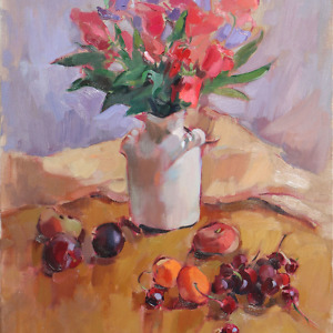 Still life painting with a vase of sweet pea flowers, fruit and cherries in pastel colors