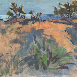 Landscape painting of dunes and the sea in light blue shades