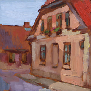 A small house with flowers on the windowsills, painted with oil