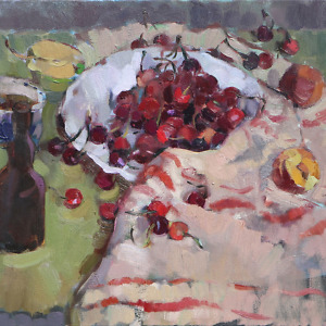 Still life painting with cherries, peaches, a teacup, a bottle, and a striped drapery on green background