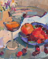 Still life painting with cherries, white drapery, glass of wine and a flower vase in cool tones