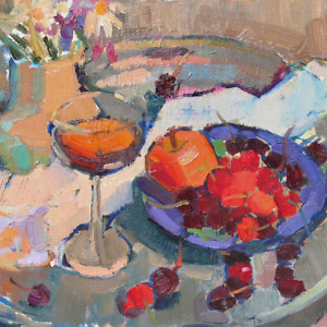 Still life painting with cherries, white drapery, glass of wine and a flower vase in cool tones