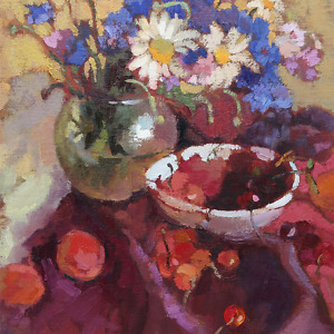 Still life painting with cherries, peaches, cornflowers and daisies in burgundy and yellow colors