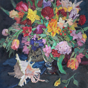 Abundant bouquet of colorful flowers in a glass vase, a seashell, pearl necklace and a skull hidden behind the vase, painted on dark background