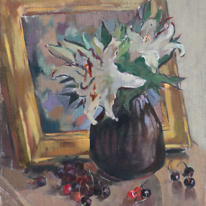 Still life painting with lilies in a black vase, cherries and a golden frame in the background