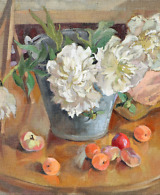 Still life painting with a bucket of peonies, fruit and a small easel in earthly colors