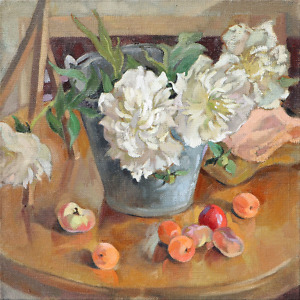 Still life painting with a bucket of peonies, fruit and a small easel in earthly colors