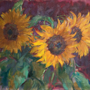 Sunflowers on a burgundy-colored background, painted with oil on canvas