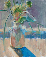 Flowers in a white vase painted in light blue and beige colors