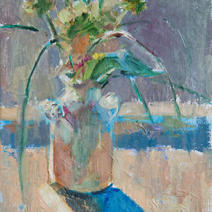 Flowers in a white vase painted in light blue and beige colors