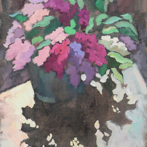 Lilac illuminated by the sunlight and its shadow on the floor, painted with oil