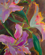 Bright pink lilies painted with oil