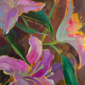 Bright pink lilies painted with oil