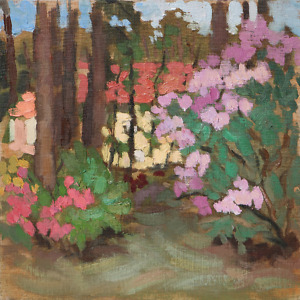 Landscape painting of a garden with blooming rhododendrons