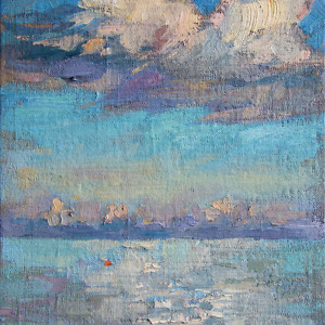 Landscape painting of the sea and clouds in light blue and purple tones with thick impasto brushwork