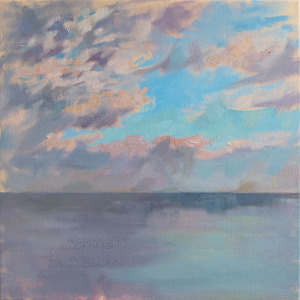 Landscape painting of the sea and clouds in light blue and purple tones